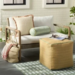 18"x18" Textured Woven Flange Detail Indoor/Outdoor Square Throw Pillow - Hearth & Handâ„¢ With Magnolia