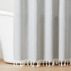 Ticking Stripe Woven Shower Curtain Gray/Cream - Hearth & Hand™ With Magnolia