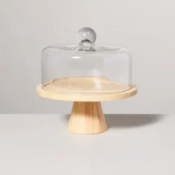 11.5" Wooden Cake Stand With Glass Cloche - Hearth & Hand™ With Magnolia: Rubberwood Pedestal, Farmhouse Style -Cozy Living Hub GUEST 59665972 510e 4a01 94ec 8b4425eec51c