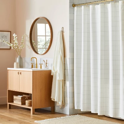 Stitched Grid Lines Woven Shower Curtain Cream/Taupe - Hearth & Hand™ With Magnolia 2 Stitched Grid Lines Woven Shower Curtain Cream/Taupe - Hearth & Hand™ With Magnolia - Image 2