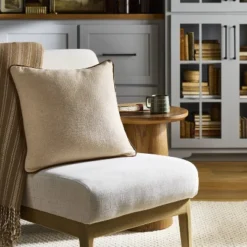 18"x18" Solid Chambray With Faux Leather Trim Square Throw Pillow Beige/Brown - Hearth & Handâ„¢ With Magnolia