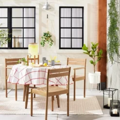 70" Distressed Grid Lines Wipeable Oil-Cloth Round Tablecloth Red/Cream - Hearth & Handâ„¢ With Magnolia