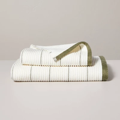 Ribbed Terry Bath Towels Cream/Green - Hearth & Hand™ With Magnolia 2 Ribbed Terry Bath Towels Cream/Green - Hearth & Hand™ With Magnolia - Image 2