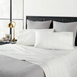 2pk Standard Cotton Percale Thin Stripe Pillowcase Set Sour Cream/Railroad Gray - Hearth & Handâ„¢ With Magnolia