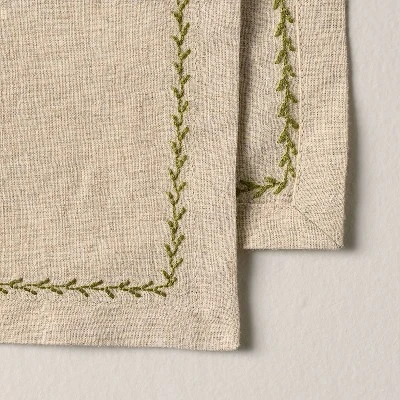Set Of 4 Embroidered Border Cloth Cocktail Napkins Natural/Green - Hearth & Hand™ With Magnolia 2 Set Of 4 Embroidered Border Cloth Cocktail Napkins Natural/Green - Hearth & Hand™ With Magnolia - Image 2